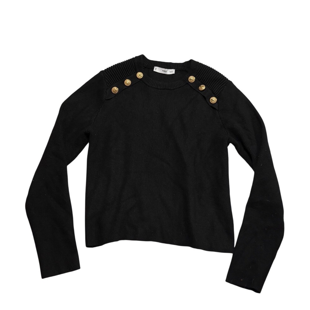 Mango MNG Black Ribbed Knit Sweater Gold Lion Button Shoulder Crew Neck Small